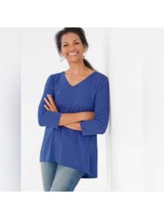 Chico's Tops - Chico’s 100% Linen V Neck Indigo Blue Roll Tab 3 Quarter Sleeve Top